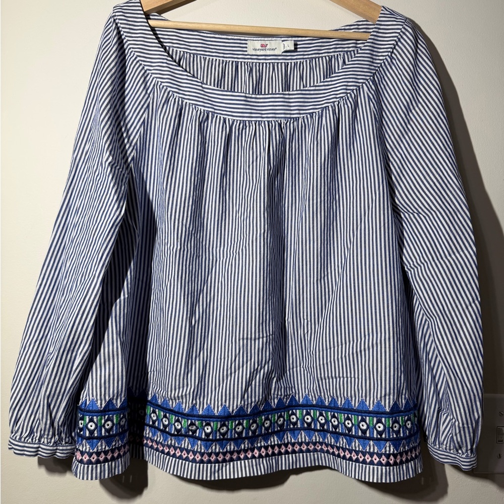 Vineyard Vines Blue and White Striped Embroidered Hem Blouse - Picture 3 of 4
